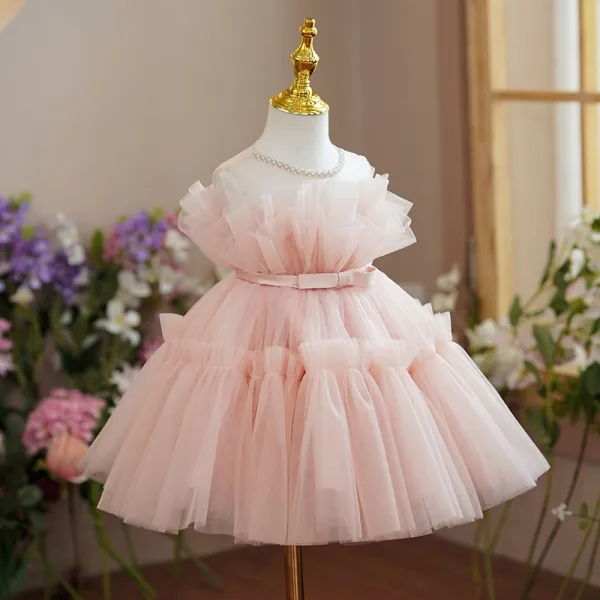 Modest / Simple Blushing Pink Ruffle Short Birthday Flower Girl Dresses 2024 Ball Gown Scoop Neck Sleeveless Backless Bow Sash Tulle