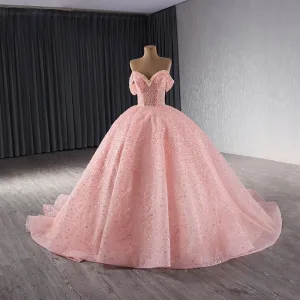 Haut De Gamme Charmant Rougissant Rose Fait Main Perlage Paillettes Robe De Bal 2024 Robe Boule Bustier Sans Manches Dos Nu Chapel Train Promo Robe De Ceremonie