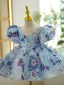 Chic / Beautiful Sky Blue Beading Pearl Sequins Short Birthday Flower Girl Dresses 2023 Ball Gown Scoop Neck Puffy Short Sleeve