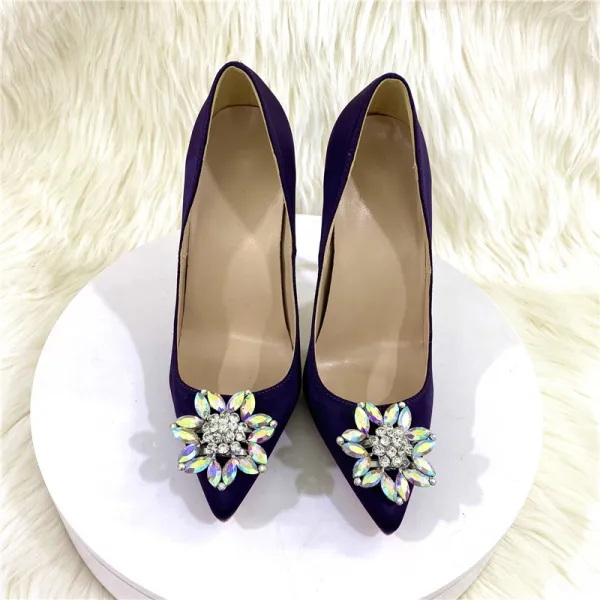 Chic / Beautiful Satin Purple Rhinestone Pumps 2022 Cocktail Party 12 cm Stiletto Heels Pointed Toe Pumps High Heels