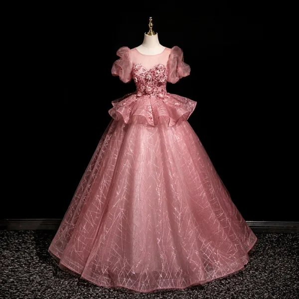 Elegant Blushing Pink Sequins Lace Flower Prom Dresses 2025 Ball Gown Scoop Neck Short Sleeve Backless Floor-Length / Long Prom Formal Dresses