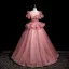 Elegant Blushing Pink Sequins Lace Flower Prom Dresses 2025 Ball Gown Scoop Neck Short Sleeve Backless Floor-Length / Long Prom Formal Dresses