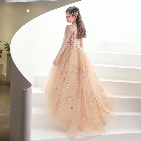 Charming Champagne Beading Sequins Prom Flower Girl Dresses 2022 A-Line / Princess V-Neck 1/2 Sleeves Backless Sweep Train Flower Girl Dresses