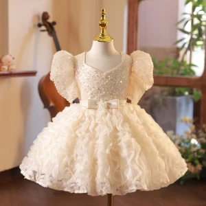 Bling Bling Champagne Beading Pearl Sequins Short Birthday Flower Girl Dresses 2024 Ball Gown Square Neckline Bow Sash Short Sleeve