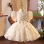 Bling Bling Champagne Beading Pearl Sequins Short Birthday Flower Girl Dresses 2024 Ball Gown Square Neckline Bow Sash Short Sleeve