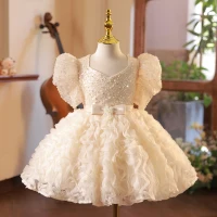 Bling Bling Champán Rebordear Perla Lentejuelas Cortos Cumpleaños Vestidos para niñas 2024 Ball Gown Escote Cuadrado Bowknot Cinturón Manga Corta