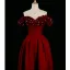 Chic / Beautiful Burgundy Pearl Appliques Prom Dresses 2024 Satin A-Line / Princess Off-The-Shoulder Sleeveless Backless Floor-Length / Long Prom Formal Dresses