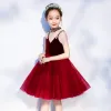 Chic / Beautiful Burgundy Suede Short Evening Party Flower Girl Dresses 2022 A-Line / Princess Spaghetti Straps Sleeveless Backless