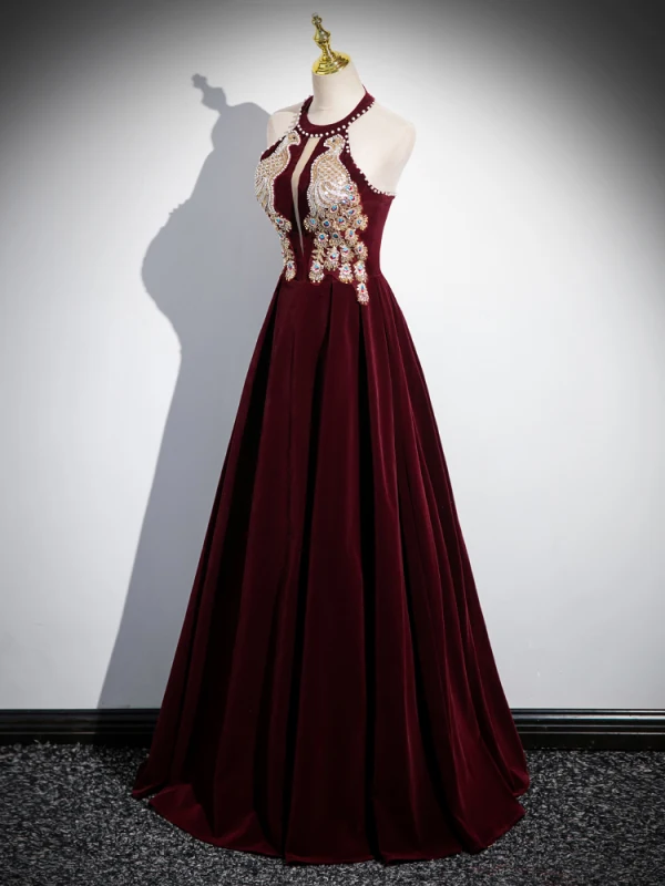 Chic / Beautiful Burgundy Beading Pearl Sequins Velvet Prom Dresses 2024 Ball Gown High Neck Sleeveless Backless Floor-Length / Long Prom Formal Dresses