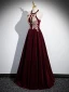 Chic / Beautiful Burgundy Beading Pearl Sequins Velvet Prom Dresses 2024 Ball Gown High Neck Sleeveless Backless Floor-Length / Long Prom Formal Dresses