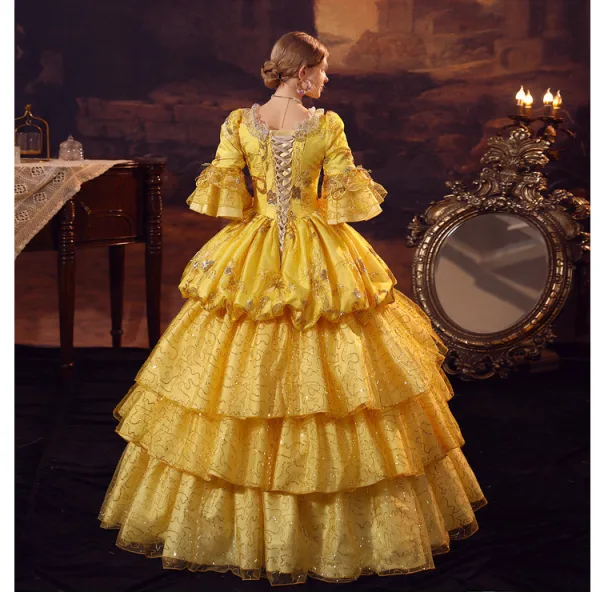 Vintage / Retro Medieval Yellow Prom Dresses 2022 Ball Gown Scoop Neck Beading Sequins Cascading Ruffles Bell sleeves Backless Floor-Length / Long Formal Dresses