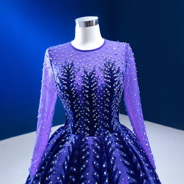 Vintage / Retro High-end Navy Blue Beading Sequins Prom Dresses 2023 Ball Gown Scoop Neck Long Sleeve Court Train Prom Formal Dresses