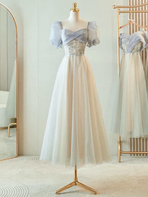 Chic Beautiful Grey Beading Bridesmaid Dresses 2023 A-Line Princess Short Sleeve Long