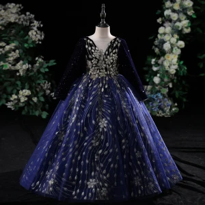 Vintage Retro Navy Blue Glitter Sequins Birthday Flower Girl Dresses 2024 Ball Gown Scoop Neck Long Sleeve Backless Floor Length Long