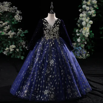 Vintage Retro Navy Blue Glitter Sequins Birthday Flower Girl Dresses 2024 Ball Gown Scoop Neck Long Sleeve Backless Floor Length Long