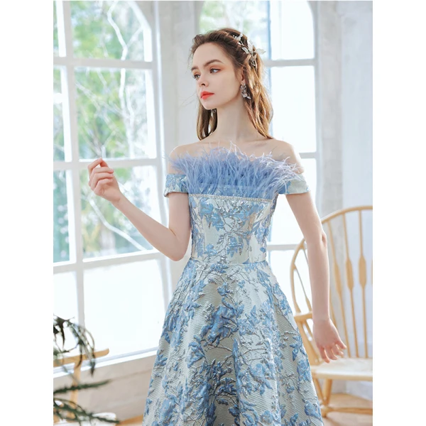 Fashion Charming Sky Blue Tassel Sequins Prom Dresses 2022 A-Line / Princess Off-The-Shoulder Sleeveless Backless Floor-Length / Long Formal Dresses