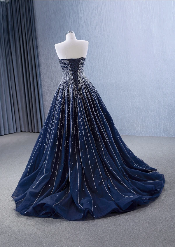 Haut de Gamme Bleu Marine Fait main Perlage Faux Diamant Robe De Bal 2023 Princesse Bustier Sans Manches Dos Nu Train De Balayage Promo Robe De Ceremonie