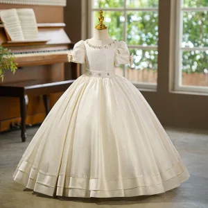 Elegant Ivory Pearl Rhinestone Birthday Flower Girl Dresses 2025 Ball Gown Scoop Neck Puffy Short Sleeve Floor Length Long