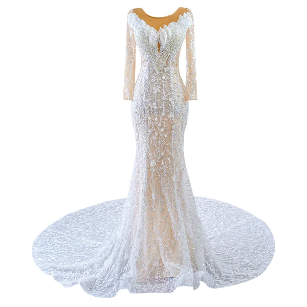 High-end White Pearl Sequins Beading Wedding Dresses 2023 Trumpet / Mermaid Scoop Neck Long Sleeve Chapel Train Wedding