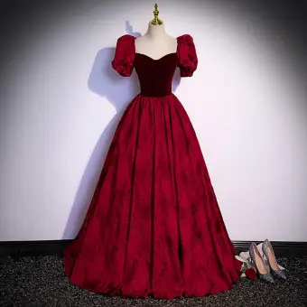 Élégant Bordeaux Daim En Dentelle Fleur Robe De Bal 2022 Princesse Encolure Carrée Gonflée Manches Courtes Dos Nu Noeud Longue Robe De Ceremonie