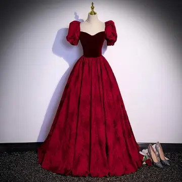 Élégant Bordeaux Daim En Dentelle Fleur Robe De Bal 2022 Princesse Encolure Carrée Gonflée Manches Courtes Dos Nu Noeud Longue Robe De Ceremonie