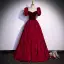 Elegant Burgundy Suede Lace Flower Prom Dresses 2022 A-Line / Princess Square Neckline Puffy Short Sleeve Backless Bow Floor-Length / Long Formal Dresses