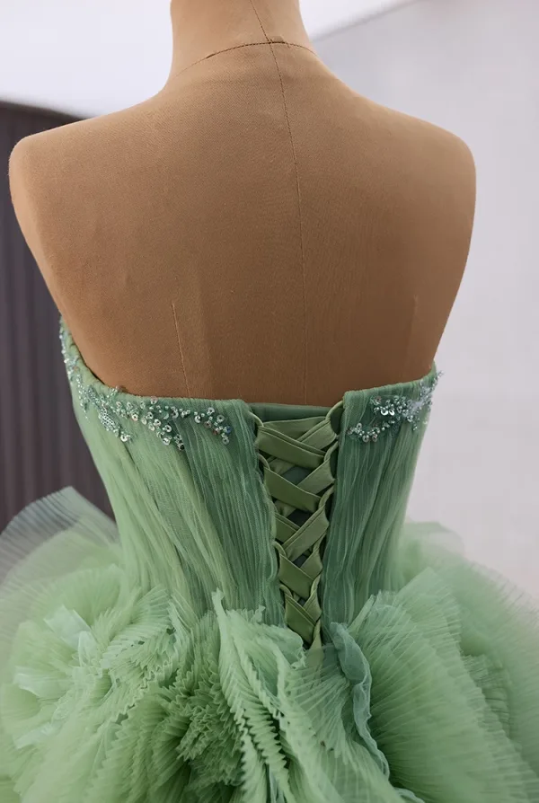 High-end Sage Green Cascading Ruffles Beading Sequins Prom Dresses 2025 Ball Gown Strapless Sleeveless Backless Chapel Train Prom Formal Dresses