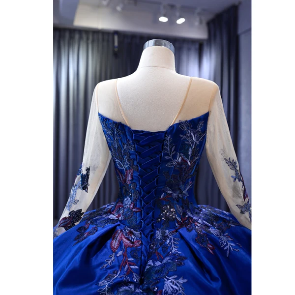 Vintage / Retro High-end Navy Blue Handmade  Beading Sequins Lace Flower Prom Dresses 2023 A-Line / Princess Scoop Neck Long Sleeve Backless Chapel Train