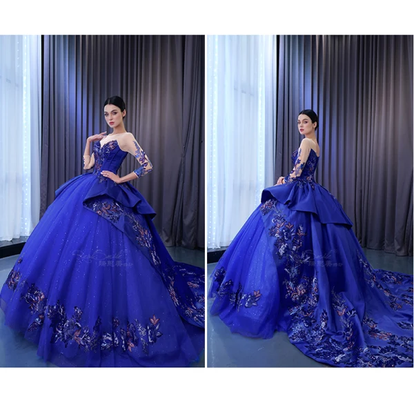 Vintage / Retro High-end Navy Blue Handmade  Beading Sequins Lace Flower Prom Dresses 2023 A-Line / Princess Scoop Neck Long Sleeve Backless Chapel Train