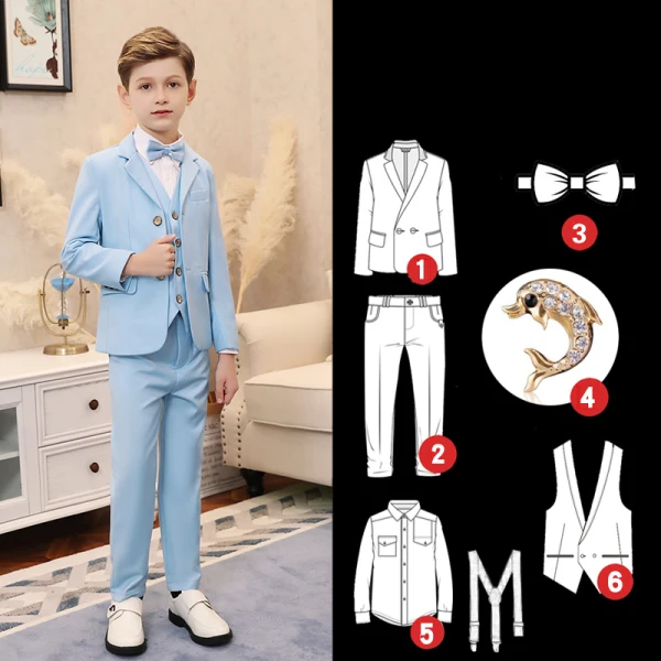Navy Blue Long Sleeve Boys Wedding Suits 2022 Wedding Coat Pants Shirt Tie Vest