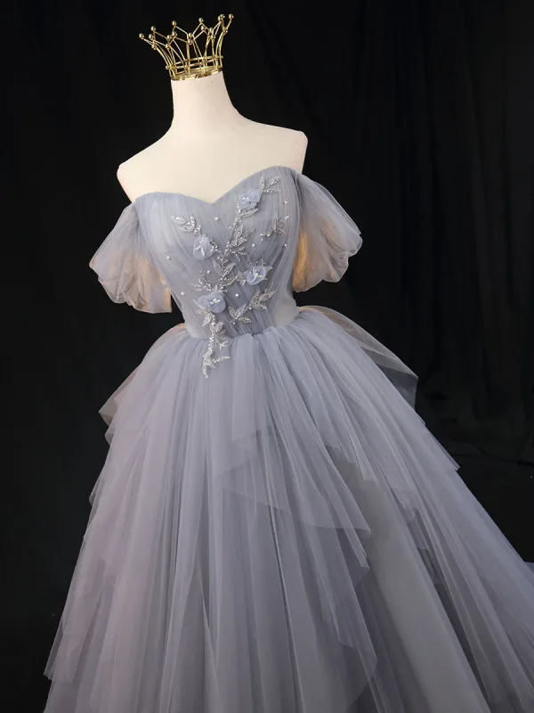 Chic / Beautiful Grey Sky Blue Beading Pearl Prom Dresses 2023 Ball Gown Off-The-Shoulder Short Sleeve Backless Floor-Length / Long Prom Formal Dresses