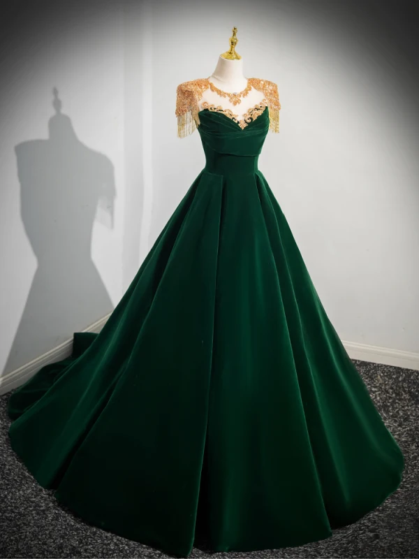 Elegante Dunkelgrün Perlenstickerei Quaste Samt Ballkleider 2024 Ballkleid Rundhalsausschnitt Ärmellos Rückenfreies Lange Ball Festliche Kleider