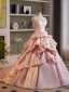 Elegant Candy Pink Pearl Cascading Ruffles Satin Prom Dresses 2026 Ball Gown Strapless Sleeveless Backless Sweep Train Formal Dresses