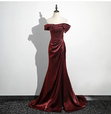 Sexy Burgundy Split Front Prom Dresses 2024 Trumpet Mermaid Off The Shoulder Sleeveless Backless Sweep Train Prom Formal Dresses