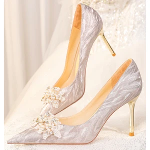 Chic Belle Champagne Perle Faux Diamant Chaussure De Mariée 2023 Cuir 8 Cm Talons Aiguilles À Bout Pointu Mariage Escarpins Talons Hauts
