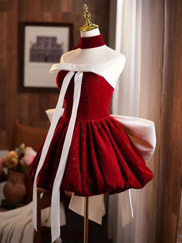 Sexy Burgundy Glitter Short Cocktail Party Party Dresses 2025 Ball Gown Strapless Sleeveless Backless Bow Formal Dresses