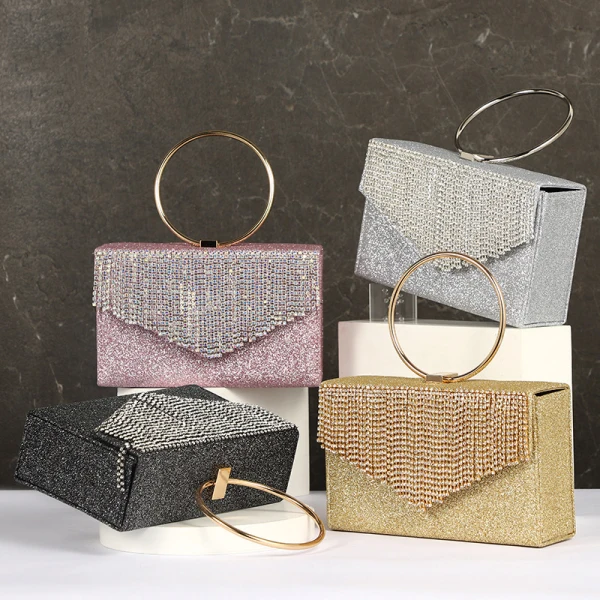 Charming Bling Bling Sequins Rhinestone Tassel Blushing Pink Evening Party Clutch Bags 2023