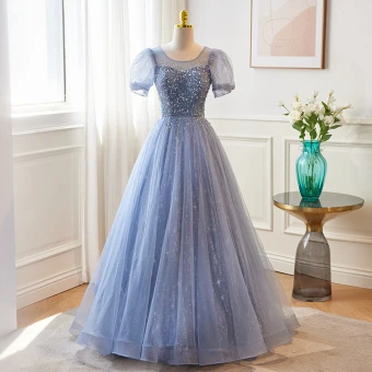 Chic Belle Bleu Ciel Perlage Paillettes Robe De Bal 2023 Princesse Encolure Dégagée Manches Courtes Dos Nu Longue Promo Robe De Ceremonie