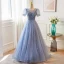 Chic / Beautiful Sky Blue Beading Sequins Prom Dresses 2023 A-Line / Princess Scoop Neck Short Sleeve Backless Floor-Length / Long Prom Formal Dresses