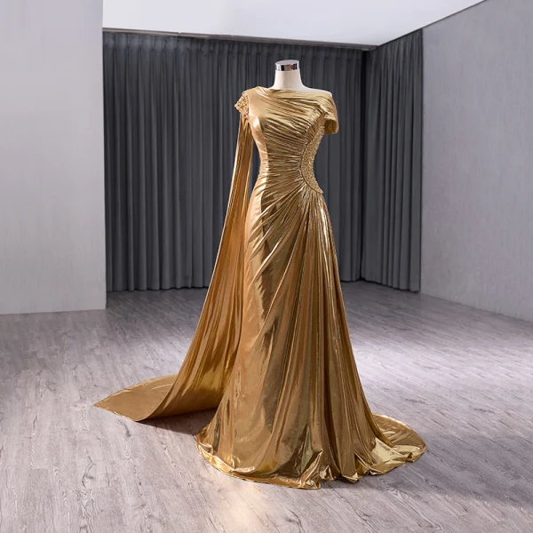 slim fit dress slacks Chic Long Mermaid V-neck Satin Prom Dresses Gold Formal Evening Gowns