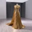 Fashion Gold Split Front Prom Dresses 2024 Trumpet / Mermaid One-Shoulder Short Sleeve Backless Floor-Length / Long Prom Formal Dresses