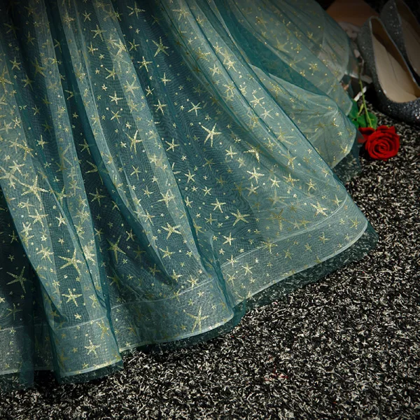 Chic / Beautiful Jade Green Prom Dresses 2022 A-Line / Princess Off-The-Shoulder Star Sequins Short Sleeve Backless Sash Floor-Length / Long Formal Dresses