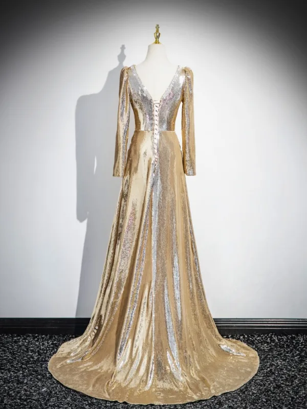 Scintillantes Doré Faux Diamant Paillettes Robe De Soirée 2025 Trompette / Sirène V-Cou Manches Longues Dos Nu Longue Soirée Robe De Ceremonie