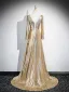 Scintillantes Doré Faux Diamant Paillettes Robe De Soirée 2025 Trompette / Sirène V-Cou Manches Longues Dos Nu Longue Soirée Robe De Ceremonie