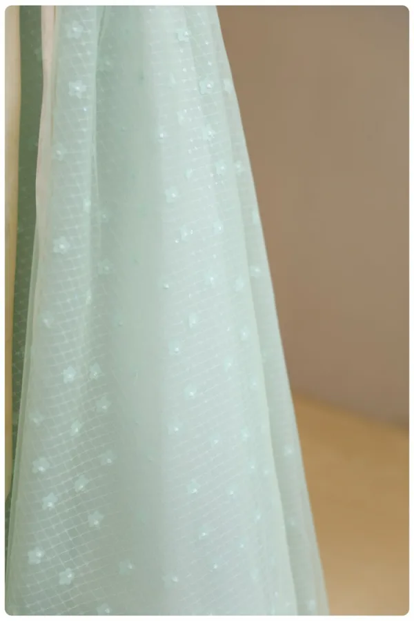 Simple Vert Cendré Paillettes Anniversaire Robe Ceremonie Fille 2024 Princesse Encolure Dégagée Volants Manches Courtes Noeud Ceinture Dos Nu Longue