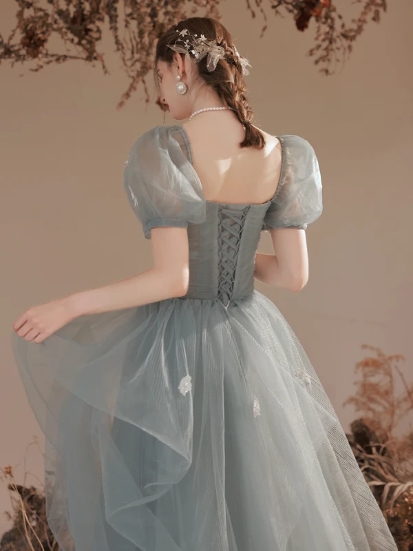 Chic / Beautiful Sage Green Sequins Prom Dresses 2023 A-Line / Princess Square Neckline Short Sleeve Backless Floor-Length / Long Prom Formal Dresses