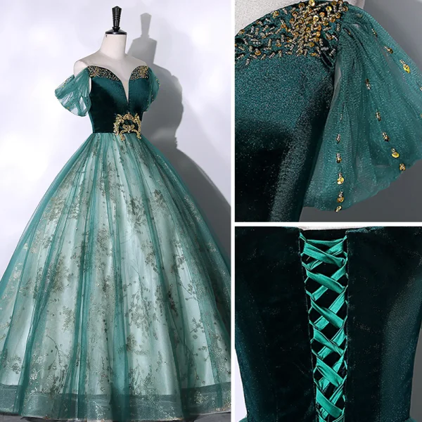 Elegant Dark Green Beading Sequins Prom Dresses 2023 Ball Gown Off-The-Shoulder Short Sleeve Backless Floor-Length / Long Prom Formal Dresses