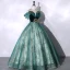 Elegant Dark Green Beading Sequins Prom Dresses 2023 Ball Gown Off-The-Shoulder Short Sleeve Backless Floor-Length / Long Prom Formal Dresses