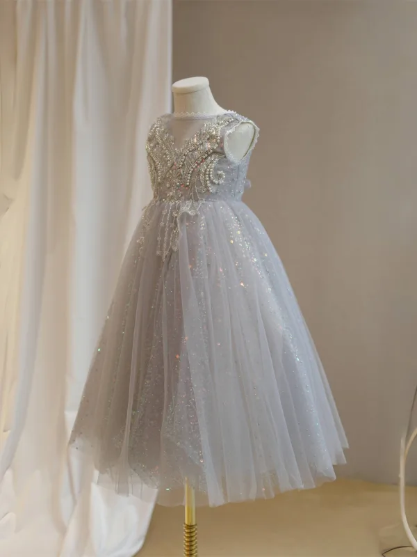 Bling Bling Grey Beading Pearl Sequins Birthday Flower Girl Dresses 2024 A-Line / Princess Scoop Neck Sleeveless Backless Bow Floor-Length / Long Tulle