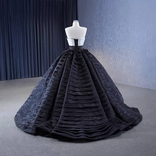 Charmant High End Schwarz Pailletten Fallende Rüsche Ballkleider 2023 Ballkleid Spaghettiträger Ärmellos Rückenfreies Sweep / Pinsel Zug Ball Festliche Kleider